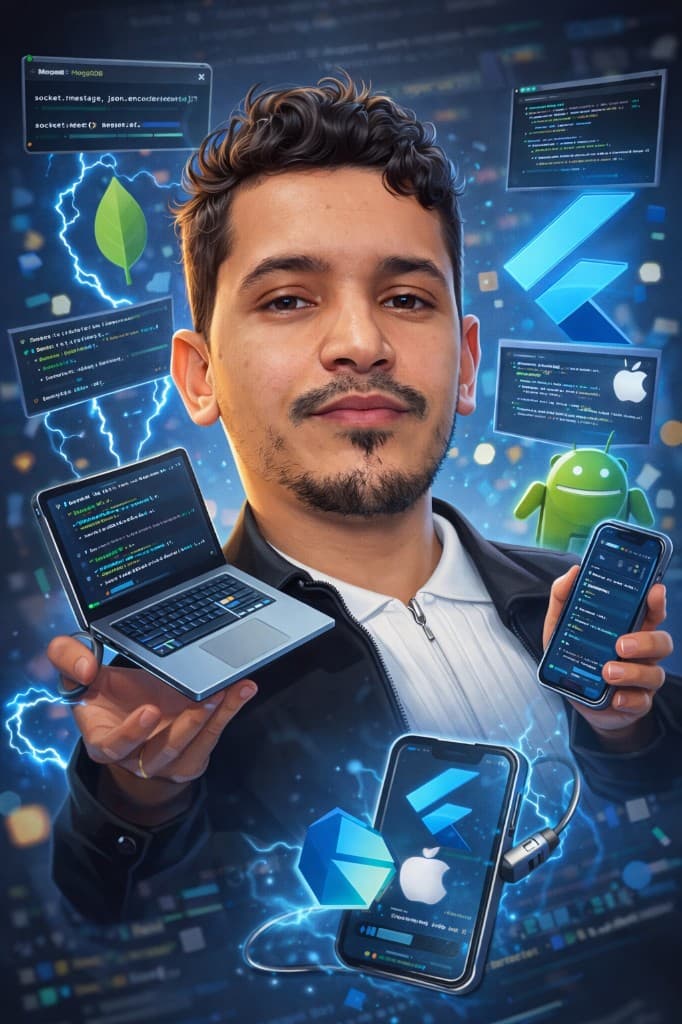Youcef Goudjal, mobile developer — illustrated portrait with Flutter and tech motifs
